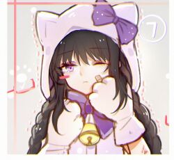 Rule 34 | 1girl, akemi homura, alternate costume, animal costume, animal ear hood, animal ears, animal hands, bai qi-qsr, bandaid, bandaid on cheek, bandaid on face, bell, black hair, blush stickers, border, bow, bowtie, braid, cat costume, cat ears, closed mouth, commentary request, fake animal ears, gloves, grey background, hand on own cheek, hand on own face, hood, hood up, hooded shirt, light frown, long hair, looking at viewer, low twin braids, mahou shoujo madoka magica, mahou shoujo madoka magica (anime), neck bell, one eye closed, paw gloves, purple bow, purple bowtie, purple eyes, purple gloves, purple hood, purple shirt, shirt, simple background, single blush sticker, solo, trembling, twin braids, upper body, very long hair, white border