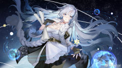 Rule 34 | 1girl, black gloves, blue eyes, blue hair, breasts, chinese commentary, cleavage, commentary request, cowboy shot, dress, fei (songyijie), fingerless gloves, frilled dress, frills, girls&#039; frontline, girls&#039; frontline neural cloud, gloves, grey hair, hand on own chest, highres, hubble (neural cloud), jewelry, large breasts, long hair, looking at viewer, multicolored hair, necklace, orbit, solo, space, star (sky), weibo watermark, wide sleeves