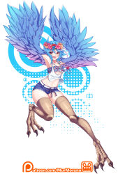 Rule 34 | :d, absurdres, ahoge, blue hair, blue wings, breasts, commission, feathered wings, feathers, flower, full body, hair between eyes, hair ornament, happy, harpy, head wreath, highres, jewelry, miniskirt, monster girl, monster musume no iru nichijou, murmoruno, navel, necklace, open mouth, orange eyes, papi (monster musume), short hair, simple background, skirt, small breasts, smile, solo, talons, thighs, watermark, web address, winged arms, wings