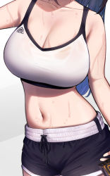 Rule 34 | 1girl, absurdres, bare shoulders, black hair, blue hair, breasts, cleavage, collarbone, colored inner hair, cropped, head out of frame, highres, holding, karaage bou, large breasts, long hair, midriff, multicolored hair, navel, original, shorts, solo, sports bra, sweat, wet