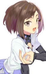 Rule 34 | 1girl, brown eyes, brown hair, commentary request, homare (homaredai), japanese clothes, jewelry, kuroda kunika, noble witches, open mouth, ring, simple background, smile, solo, white background, world witches series