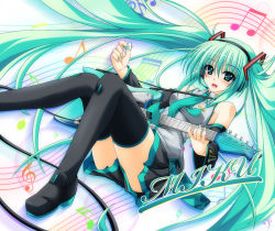 Rule 34 | 1girl, aoi hiro, blush, character name, detached sleeves, electric guitar, green eyes, green hair, guitar, hatsune miku, headset, instrument, long hair, matching hair/eyes, musical note, nail polish, necktie, open mouth, plectrum, skirt, smile, solo, thighhighs, twintails, very long hair, vocaloid