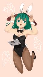 Rule 34 | 1girl, absurdres, animal ears, bad id, bad pixiv id, bow, bowtie, detached collar, dog ears, doroame (ameyu), green eyes, green hair, highres, kasodani kyouko, leotard, matching hair/eyes, open mouth, pantyhose, pet shaming, playboy bunny, rabbit ears, rabbit tail, short hair, sign, simple background, solo, tail, text focus, touhou, translated, wrist cuffs