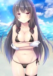 Rule 34 | 10s, 1girl, alternate costume, ass, bare shoulders, beach, bikini, black bikini, black hair, black thighhighs, blue sky, blush, breasts, brown eyes, cleavage, cloud, crossed arms, day, gloves, hair ribbon, highres, isokaze (kancolle), izumi akane, kantai collection, large breasts, long hair, looking at viewer, micro bikini, navel, ocean, outdoors, ribbon, sand, side-tie bikini bottom, single thighhigh, sky, solo, stomach, swimsuit, thigh gap, thighhighs, thighs, tress ribbon, water, wet, white gloves