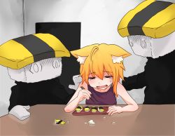 Rule 34 | &lt;o&gt; &lt;o&gt;, 1girl, 2others, alternate costume, animal ears, asymmetrical hair, blank room soup, blonde hair, brown tank top, chopsticks, closed eyes, commentary request, cookie (touhou), crying, eating, food, fox ears, fox girl, highres, holding, holding chopsticks, indoors, medium hair, meme, miramikaru riran, multiple others, omelet, open mouth, plate, rice, sidelocks, table, tamagoyaki, tank top, upper body, yan pai