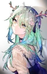 Rule 34 | 1girl, absurdres, antlers, blue hair, braid, braided bangs, branch, ceres fauna, choker, flower, gradient hair, green hair, hair between eyes, hair flower, hair ornament, highres, hololive, hololive english, horns, lace-trimmed choker, lace trim, long hair, looking at viewer, multicolored hair, single braid, solo, somewhatdino, tree horns, two side up, virtual youtuber, yellow eyes