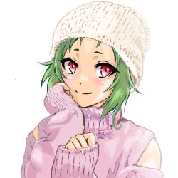 Rule 34 | 1girl, alternate costume, beanie, closed mouth, elf, green hair, hand on own cheek, hand on own face, hand up, hands up, hat, mizumori keiichi, mushoku tensei, pointy ears, purple sweater, red eyes, short hair, smile, solo, sweater, sylphiette (mushoku tensei), upper body, white background, white hat