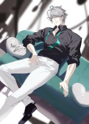 Rule 34 | 1boy, alhaitham (genshin impact), antenna hair, aqua eyes, aqua necktie, black footwear, black shirt, blurry, blurry background, collared shirt, couch, dress shoes, foot out of frame, genshin impact, grey hair, hair over one eye, heart, heart-shaped pillow, highres, looking at viewer, loose necktie, male focus, mikuroron, necktie, pants, parted lips, pillow, shirt, short hair, sitting, sleeves rolled up, solo, white day, white pants