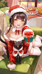 Rule 34 | 1girl, bare shoulders, black cat, blanket, blunt bangs, blurry, blurry background, blush, bow, box, breasts, brown hair, cat, christmas, christmas tree, city lights, cleavage, collarbone, commentary request, couch, detached collar, detached sleeves, dress, eyelashes, fangs, food, fur-trimmed dress, fur-trimmed headwear, fur-trimmed sleeves, fur collar, fur trim, gift, gift box, glint, hair bow, hair ornament, hair ribbon, hat, highres, holding, holding gift, incoming gift, indoors, long hair, long sleeves, looking at viewer, low twintails, medium breasts, mole, mole under eye, night, nima (niru54), on couch, open mouth, original, outstretched arm, plate, pom pom (clothes), red bow, red dress, red headwear, red ribbon, red sleeves, ribbon, santa costume, santa hat, sidelocks, signature, smile, strapless, strapless dress, table, tablecloth, thighhighs, turkey (food), twintails, white thighhighs, window, wing collar, x hair ornament, yellow eyes