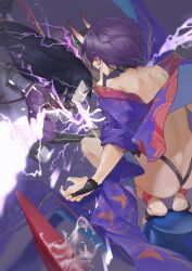 Rule 34 | 2girls, arm guards, armor, bare shoulders, barefoot sandals (jewelry), black hair, bodysuit, bridal gauntlets, butt crack, commentary, electricity, english commentary, fate/grand order, fate (series), fingernails, fuwafuwa4560, gem, green gemstone, headpiece, holding, holding sword, holding weapon, horns, japanese armor, japanese clothes, katana, kimono, long fingernails, long hair, looking at another, looking up, minamoto no raikou (fate), mixed-language commentary, multiple girls, oni, open mouth, parted bangs, parted lips, purple bodysuit, purple eyes, purple hair, purple kimono, red rope, revealing clothes, ribbed sleeves, rope, sheath, short hair, shuten douji (fate), shuten douji (first ascension) (fate), skin-covered horns, smile, squatting, sword, teeth, upper teeth only, very long hair, weapon, wide sleeves