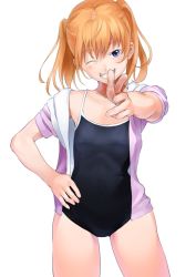 Rule 34 | 1girl, face, flat chest, foreshortening, grin, hand on own hip, head tilt, highres, hip focus, imaoka, one-piece swimsuit, one eye closed, orange hair, pointing, pointing at viewer, purple eyes, school swimsuit, smile, solo, swimsuit, twintails, wink