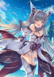 Rule 34 | 1girl, animal ears, bare shoulders, blunt bangs, cat ears, flat chest, gloves, inoue takuya (tactactak), japanese clothes, kimono, leotard, long hair, looking at viewer, low twintails, nia (blade) (xenoblade), nia (xenoblade), nintendo, ribbon, silver hair, simple background, smile, solo, spoilers, sword, thigh gap, twintails, very long hair, weapon, xenoblade chronicles (series), xenoblade chronicles 2, yellow eyes