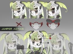 Rule 34 | 1girl, black sclera, character name, color guide, colored sclera, commentary, english commentary, green eyes, green hair, grey background, hair between eyes, highres, indie virtual youtuber, juniper (artist), juniper actias, mask, multiple views, open mouth, silver hair, simple background, teeth, tongue, tongue out, virtual youtuber