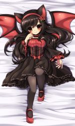 Rule 34 | 1girl, absurdres, animal ears, arm at side, bat wings, bed sheet, black dress, black pantyhose, blush, bow, cat ears, choker, closed mouth, dakimakura (medium), dress, fang, fang out, flower, frilled dress, frilled sleeves, frills, from above, full body, gothic lolita, hair flower, hair ornament, hairband, hand up, head tilt, highres, knee up, layered sleeves, lolita fashion, long sleeves, looking at viewer, looking up, mary janes, midna01, original, pantyhose, red bow, red eyes, red flower, red footwear, red rose, rose, shoes, smile, solo, tareme, tooth, underbust, wide sleeves, wings