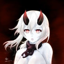 Rule 34 | 1girl, abyssal ship, close-up, colored skin, hair between eyes, horns, kantai collection, low ponytail, lycoris fubuki, portrait, red eyes, short ponytail, sidelocks, solo, spoilers, tk8d32, white hair, white skin
