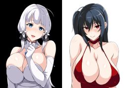 Rule 34 | 2girls, ahoge, areola slip, azur lane, bare shoulders, black background, black hair, blue eyes, blush, breasts, choker, cleavage, closed mouth, cocktail dress, collarbone, detached collar, dress, elbow gloves, gloves, hair between eyes, hair ribbon, illustrious (azur lane), large breasts, long hair, looking at viewer, mole, mole under eye, multiple girls, official alternate costume, open mouth, red choker, red dress, red eyes, ribbon, simple background, smile, strapless, strapless dress, taihou (azur lane), taihou (forbidden feast) (azur lane), tawashi1623, tress ribbon, two-tone background, white background, white dress, white gloves, white hair