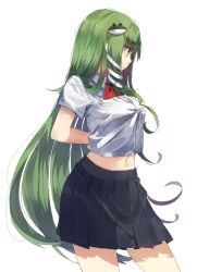 Rule 34 | 1girl, alternate costume, ascot, bad id, bad pixiv id, black skirt, breasts, collared shirt, commentary request, contrapposto, cowboy shot, crop top, crop top overhang, frog hair ornament, from side, green eyes, green hair, hair ornament, kochiya sanae, long hair, looking away, medium breasts, midriff, miniskirt, navel, pleated skirt, profile, school uniform, shirt, short sleeves, skirt, snake hair ornament, solo, standing, suminagashi, touhou, undersized clothes, very long hair, white shirt