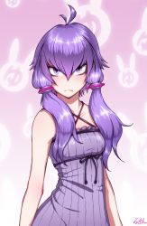 Rule 34 | 10s, 1girl, antenna hair, arms at sides, bare arms, bare shoulders, breasts, closed mouth, collarbone, commentary request, criss-cross halter, dress, gradient background, hair between eyes, hair tubes, halterneck, japari symbol, kemono friends, long hair, looking at viewer, pink background, purple dress, purple eyes, purple hair, rabbit background, rasson, serious, shoebill (kemono friends), short hair with long locks, sidelocks, sleeveless, sleeveless dress, small breasts, solo, underbust, upper body, vocaloid, voiceroid, yuzuki yukari