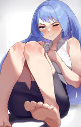 1girl absurdres barefoot blue_eyes blue_hair blush boku_no_hero_academia feet hado_nejire highres long_hair looking_at_viewer office_lady one_eye_closed penshin sleeveless smile soles toes