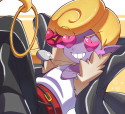 Rule 34 | 1boy, arms up, blonde hair, colored skin, grin, heart, highres, horemacool, jacket, jewelry, male focus, necklace, open clothes, open jacket, pipiko., pointy ears, purple skin, smile, solo, youkai (youkai watch), youkai watch