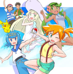 Rule 34 | 2boys, 4girls, :d, ;d, aqua eyes, aqua shorts, arm up, ash ketchum, asymmetrical hair, ball, bare arms, bare shoulders, black hair, blonde hair, blue eyes, blue hair, blunt bangs, blunt ends, blush, boots, braid, breast pocket, brock (pokemon), brown hair, closed eyes, collarbone, creatures (company), crop top, dark-skinned female, dark skin, dress, flower, game freak, gen 1 pokemon, green eyes, green hair, grin, groin, hair flower, hair ornament, hands on own hips, hands up, hat, holding, holding ball, holding poke ball, lana (pokemon), lillie (pokemon), long hair, looking back, looking to the side, mallow (pokemon), misty (pokemon), multiple boys, multiple girls, navel, nintendo, one eye closed, open mouth, orange hair, outstretched arms, pikachu, pocket, poke ball, poke ball (generic), pokemon, pokemon (anime), pokemon sm (anime), ponytail, shirt, short hair, short shorts, short sleeves, shorts, side ponytail, sleeveless, sleeveless shirt, smile, spread arms, striped clothes, striped shirt, suspender shorts, suspenders, t-shirt, teeth, trial captain, twin braids, twintails, white dress, wink, yonecchi