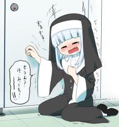 Rule 34 | 1girl, bathroom, black dress, black footwear, black headwear, blue hair, blunt bangs, blush, clenched hands, closed eyes, covered collarbone, crying, door, dress, embarrassed, fang, female focus, flat chest, full body, habit, hands up, have to pee, indoors, japanese text, kamamau (krkrpee), knocking, long hair, long sleeves, nose blush, nun, on floor, open mouth, original, shoes, sitting, socks, solo, speech bubble, talking, tears, tile floor, tiles, toilet stall, translation request, trembling, wariza, white socks, wide sleeves