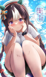 1girl alternate_costume animal_ears beret blush braid breasts brown_hair cloud cloudy_sky hat highres hokko_tarumae_(umamusume) horse_ears horse_girl horse_tail large_breasts liukensama looking_at_viewer looking_down multicolored_hair open_mouth outdoors purple_eyes shorts sitting sky smile solo tail translation_request twin_braids two-tone_hair umamusume white_hair