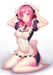 Rule 34 | 10s, 1girl, apron, blush, breasts, cleavage, double v, fiodo, gloves, headdress, looking at viewer, love live!, love live! school idol festival, love live! school idol project, necktie, nishikino maki, open mouth, purple eyes, red hair, short hair, short sleeves, simple background, sitting, solo, thighhighs, v, waitress, wariza, white background, white gloves, white thighhighs, zettai ryouiki