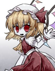 Rule 34 | 1257mythos (1257kagome), 1girl, ascot, back bow, blonde hair, bow, cowboy shot, flandre scarlet, frilled shirt collar, frilled skirt, frilled sleeves, frills, from side, gradient background, hair between eyes, hat, highres, looking at viewer, looking to the side, medium hair, mob cap, multicolored wings, puffy short sleeves, puffy sleeves, red eyes, red skirt, red vest, shirt, short sleeves, simple background, skirt, skirt set, solo, touhou, vest, white background, white bow, white hat, white shirt, wings, yellow ascot
