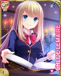 Rule 34 | 1girl, blonde hair, blue eyes, blue jacket, bow, breasts, candle, card, character name, chloe lemaire, closed mouth, girlfriend (kari), indoors, jacket, large breasts, long hair, official art, qp:flapper, reading, red bow, shirt, smile, solo, standing, tagme, upper body, white shirt