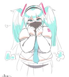 Rule 34 | 1girl, alternate body size, aqua eyes, aqua hair, aqua necktie, belly, bifizu&#039;s gold, black mask, detached sleeves, hand to own mouth, hatsune miku, headphones, heart, long hair, looking at viewer, mask, mouth mask, necktie, plump, shirt, shoulder tattoo, simple background, skirt, solo, tattoo, twintails, vocaloid, white background, white shirt, white skirt, white sleeves
