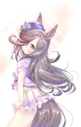 Rule 34 | 1girl, animal ears, arched back, blue flower, blue rose, bow, brown hair, fascinator, flower, from side, hair over one eye, hat, hat flower, horse ears, horse girl, horse tail, long hair, looking at viewer, puffy short sleeves, puffy sleeves, purple bow, purple eyes, purple hat, purple shirt, rice shower (umamusume), rose, shirt, shirt bow, short sleeves, skirt, skirt tug, smile, solo, tail, tilted headwear, umamusume, usapenpen2019, white background, white skirt