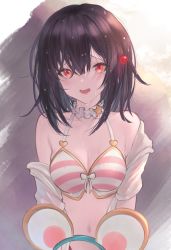 Rule 34 | 1girl, absurdres, animal ears, betabeet, bikini, blush, breasts, clenched teeth, fake animal ears, granblue fantasy, hair between eyes, hair ornament, highres, looking at viewer, mouse ears, navel, off shoulder, open mouth, red eyes, short hair, small breasts, smile, striped bikini, striped clothes, swimsuit, teeth, upper body, vikala (blooming summer wallflower) (granblue fantasy), vikala (granblue fantasy), wet, wet hair