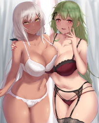 Rule 34 | 2girls, absurdres, asymmetrical docking, black bow, black garter belt, black thighhighs, bow, bow panties, bra, breast press, breasts, cleavage, closed mouth, commentary request, dark-skinned female, dark skin, garter belt, girls&#039; frontline, green hair, hair ornament, hairclip, hand on another&#039;s shoulder, hand up, highres, large breasts, long hair, looking at viewer, m590 (girls&#039; frontline), mk48 (girls&#039; frontline), multiple girls, nail polish, navel, open mouth, panties, red bra, red eyes, red nails, red panties, satou aji, smile, standing, sweat, thighhighs, thighs, underwear, underwear only, very long hair, white bra, white hair, white panties, yellow eyes