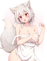 Rule 34 | 1girl, animal ears, apron, breasts, cleavage, commentary request, inubashiri momiji, large breasts, naked apron, open mouth, red eyes, rururiaru, short hair, solo, tail, touhou, white apron, wolf ears, wolf tail