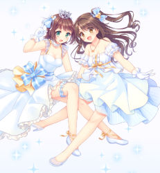 Rule 34 | 10s, 2girls, :d, amami haruka, ankle lace-up, bow, brown hair, courreges ace, cross-laced footwear, crown, dress, glass slipper, gloves, green eyes, hair bow, idolmaster, idolmaster (classic), idolmaster cinderella girls, bridal garter, long hair, multiple girls, no socks, open mouth, pointing, pointing up, shimamura uzuki, short hair, side ponytail, smile, sparkle, thigh strap, white gloves, yellow eyes