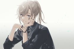 Rule 34 | 1boy, ahoge, black nails, black shirt, bracelet, brown hair, collared shirt, dress shirt, gradient background, grey eyes, hair between eyes, hand on own cheek, hand on own face, head rest, jewelry, kanae (nijisanji), looking at viewer, male focus, mole, mole under eye, multiple rings, nail polish, necklace, nijisanji, parted lips, ponytail, ring, shirt, shuai, simple background, sleeves rolled up, smile, solo, turtleneck, upper body, virtual youtuber