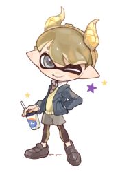 Rule 34 | 1boy, blue jacket, brown hair, commission, dot nose, drink, drinking straw, fake horns, full body, grey eyes, grey footwear, grey shorts, hairband, hand in pocket, highres, holding, holding drink, horn hairband, horns, inkling, inkling boy, inkling player character, jacket, leggings under shorts, male focus, nintendo, one eye closed, open clothes, open jacket, pointy ears, shoes, short hair, shorts, simple background, smile, solo, spl8ya, splatoon (series), star (symbol), teeth, tentacle hair, white background, yellow hairband