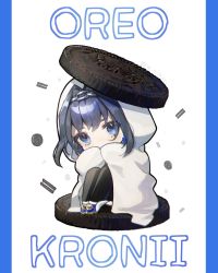 Rule 34 | 1girl, black thighhighs, blanket, blue eyes, blue hair, chibi, commentary, cookie, covered mouth, earrings, english commentary, food, hair intakes, highres, hololive, hololive english, jewelry, knees up, oreo, ouro kronii, pun, short hair, sitting, solo, spicy punch, thighhighs, twitter username, two-tone background, virtual youtuber