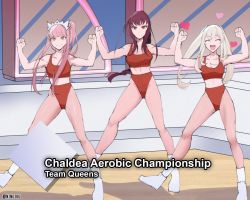 Rule 34 | 3girls, aerobics, bad id, bad twitter id, clenched hands, crown, crystal light national aerobic championship, english text, fate/grand order, fate (series), heart, highleg, kyou (ningiou), long hair, marie antoinette (fate), medb (fate), meme, midriff, multiple girls, pantyhose, pink hair, purple hair, scathach (fate), shoes, sneakers, sports bra, twintails, twitter username, white hair, yellow eyes