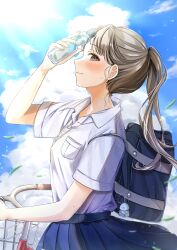 Rule 34 | 1girl, absurdres, bag, bicycle, blue skirt, blue sky, blush, bottle, breast pocket, brown eyes, brown hair, buntason (buritarooooo), closed mouth, cloud, collared shirt, commentary request, cowboy shot, day, drink, from side, hand up, highres, holding, holding bottle, holding drink, leaf, long hair, original, outdoors, pocket, ponytail, school bag, school uniform, shirt, short sleeves, skirt, sky, smile, summer uniform, sweat, water bottle, white shirt