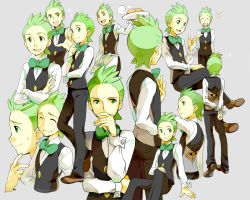 Rule 34 | 10s, 1boy, ^^^, ^ ^, adjusting neckwear, bad id, bad pixiv id, bartender, blouse, bow, bowtie, character sheet, cilan (pokemon), closed eyes, collared shirt, creatures (company), frown, game freak, green eyes, green hair, grey background, gym leader, hair slicked back, hand on own chin, heel up, invisible chair, komugi (wabisuke maruden), komugi p, male focus, multiple views, nintendo, plate, pokemon, pokemon bw, ribbon, shirt, short hair, simple background, sitting, standing, standing on one leg, stroking own chin, traditional bowtie, waistcoat, waiter, white shirt