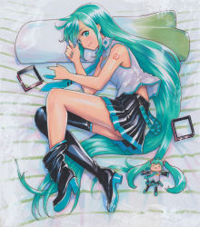 Rule 34 | 1girl, aqua eyes, aqua hair, aqua necktie, asymmetrical footwear, bare arms, bare shoulders, bed sheet, black footwear, black skirt, boots, breasts, character doll, closed mouth, collared shirt, commentary, doll, english commentary, fetal position, from above, full body, green eyes, green hair, green nails, grey shirt, hair down, hair ornament, hatsune miku, high heel boots, high heels, highres, lipstick, long hair, looking at viewer, lying, makeup, marker (medium), mayo riyo, midriff peek, mini person, minigirl, miniskirt, mismatched footwear, nail polish, necktie, on bed, on side, pillow, pleated skirt, shirt, shoe soles, shoulder tattoo, sideways glance, skirt, sleeveless, sleeveless shirt, small breasts, smile, solo, spring onion, swept bangs, tattoo, themed object, thigh boots, thighhighs, traditional media, very long hair, vocaloid
