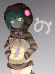Rule 34 | 10s, 1girl, brown shirt, closed mouth, cowboy shot, frown, glowing, glowing eyes, gradient background, green eyes, green hair, hands in pockets, hood, hood up, hoodie, japari symbol, kemono friends, long sleeves, looking at viewer, maccha, neck ribbon, pink ribbon, ribbon, shade, shirt, short hair, snake tail, solo, standing, striped clothes, striped hoodie, striped tail, tail, tsuchinoko (kemono friends)