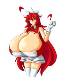 Rule 34 | 1girl, aeon708, bare shoulders, breasts, cleavage, female focus, gigantic breasts, gloves, long hair, maid headdress, miniskirt, orange eyes, original, red hair, simple background, skirt, solo, standing, thighhighs, very long hair, white background, white gloves, white thighhighs