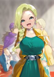 Rule 34 | 1boy, 2girls, :d, arms behind back, belt, bianca (dq5), black belt, blonde hair, blue dress, blue eyes, blurry, blurry background, braid, brown jacket, cape, character request, commentary request, depth of field, dragon quest, dragon quest v, dress, earrings, head tilt, hero (dq5), highres, jacket, jewelry, long hair, long sleeves, looking at viewer, multiple girls, multiple views, open mouth, parted bangs, purple cape, purple headwear, smile, yappen