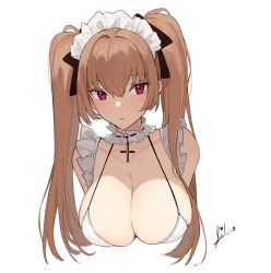 Rule 34 | 1girl, aiko (kanl), alternate hairstyle, azur lane, bare shoulders, bikini, breasts, brown hair, choker, cleavage, collarbone, cropped torso, cross, frilled bikini, frilled choker, frills, halterneck, large breasts, latin cross, long hair, looking at viewer, maid headdress, mole, mole under mouth, parted lips, red eyes, signature, simple background, solo, swiftsure (azur lane), swimsuit, twintails, upper body, white background, white bikini