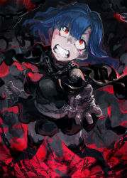 Rule 34 | 1girl, black thighhighs, blood, blood on face, bloody tears, blue hair, chain, clenched teeth, commentary request, dark, highres, idol heroes (idolmaster), idolmaster, idolmaster million live!, leg belt, legs apart, limited palette, long hair, nanao yuriko, red eyes, restrained, solo, standing, teeth, thighhighs, toro3, wide-eyed