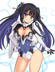 Rule 34 | 1girl, artist request, black hair, blue eyes, bodysuit, breasts, character request, cleavage, cosplay, covered navel, date a live, hand on own hip, large breasts, legs, looking at viewer, smile, solo, takamiya mana, takamiya mana (cosplay), thighs, twintails