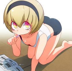 Rule 34 | 1girl, all fours, ass, barefoot, bike shorts, black shorts, blonde hair, blush, breasts, cleavage, collarbone, hair ornament, hairband, highres, jashin-chan dropkick, looking at viewer, pekora (jashin-chan dropkick), sat-c, shirt, short hair, shorts, small breasts, solo, toothbrush in mouth, white shirt, yellow eyes